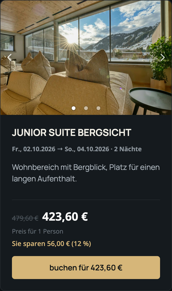 Das Angebot auf der Website: Junior Suite Bergsicht, 2 Nächte, 423,60 Euro statt 479,60 Euro.