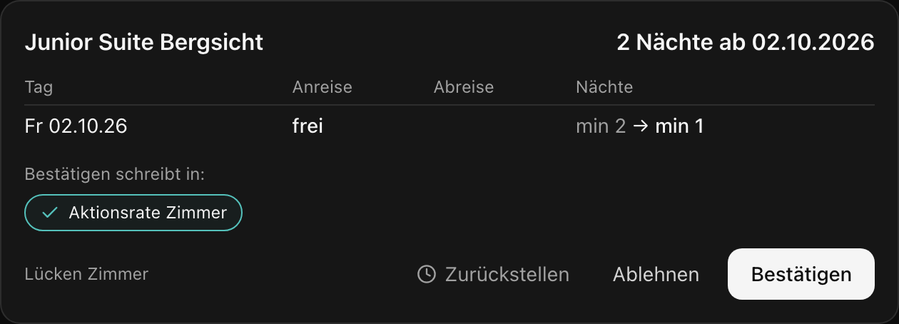 Vorschlag der Regel für die Junior Suite: Freitag Anreise frei, Mindestaufenthalt 2 auf 1.